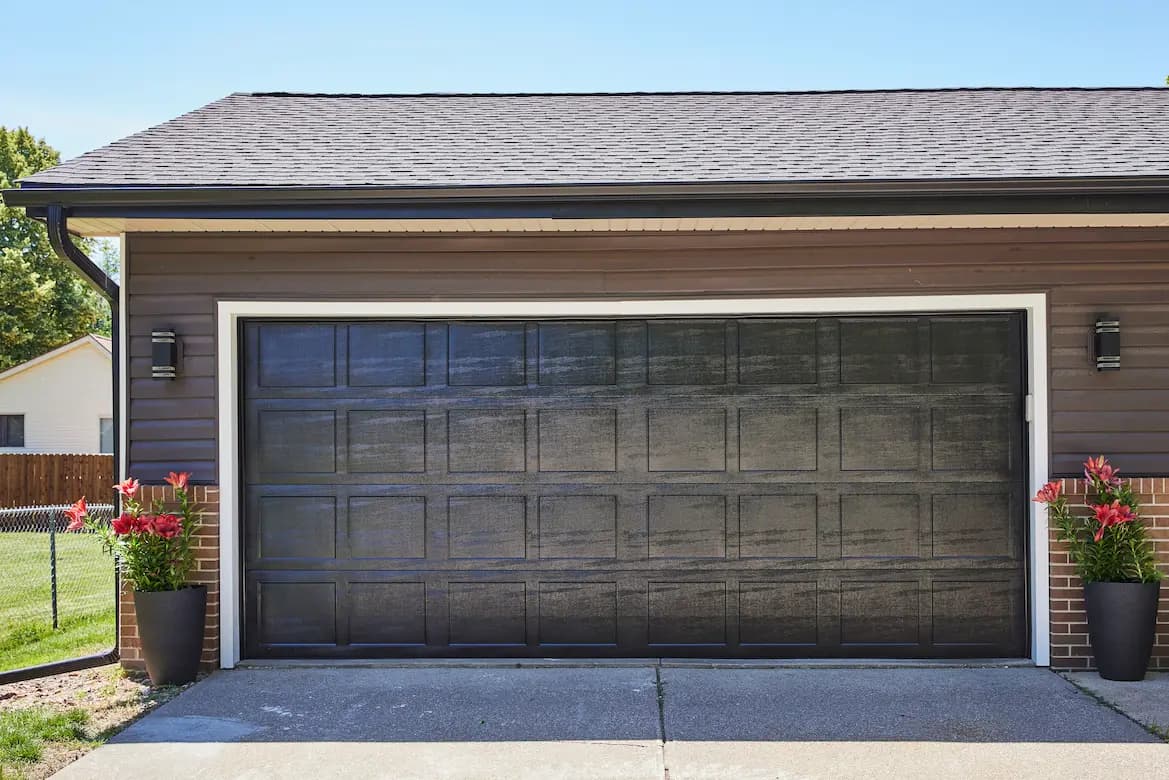 Garage door refinished in a deep modern color