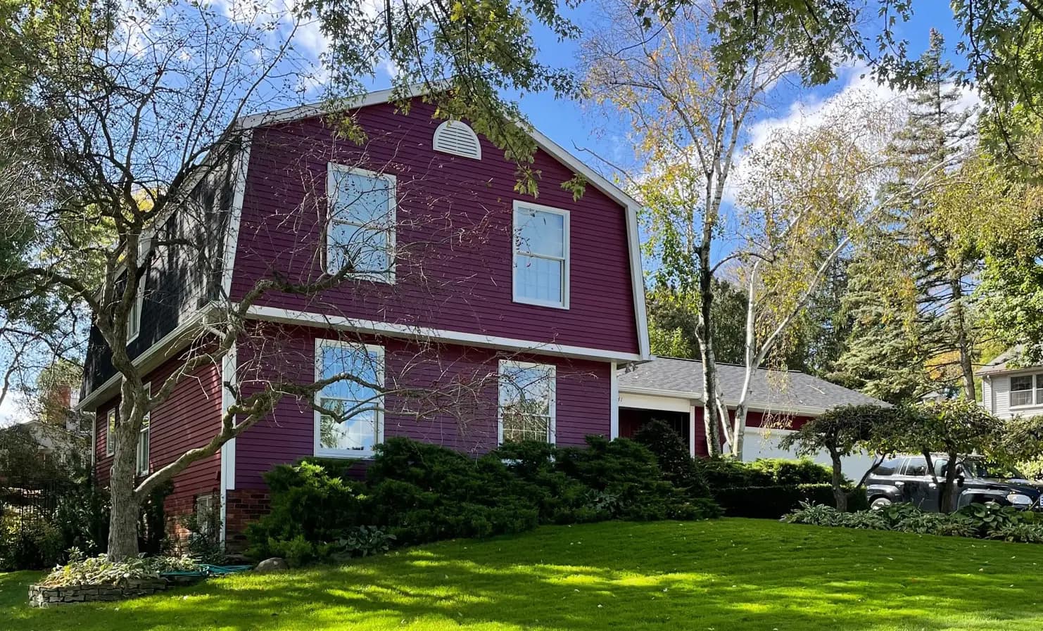 Exterior painting project at 34241 Old Timber Road, Farmington Hills — Classic Burgundy - Benjamin Moore