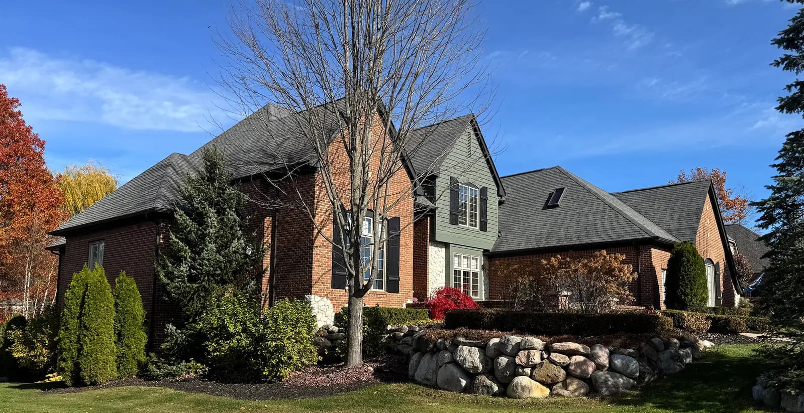 Exterior painting project at 6996 Oakhurst Ridge, Clarkston — Pewter Green - Sherwin Williams