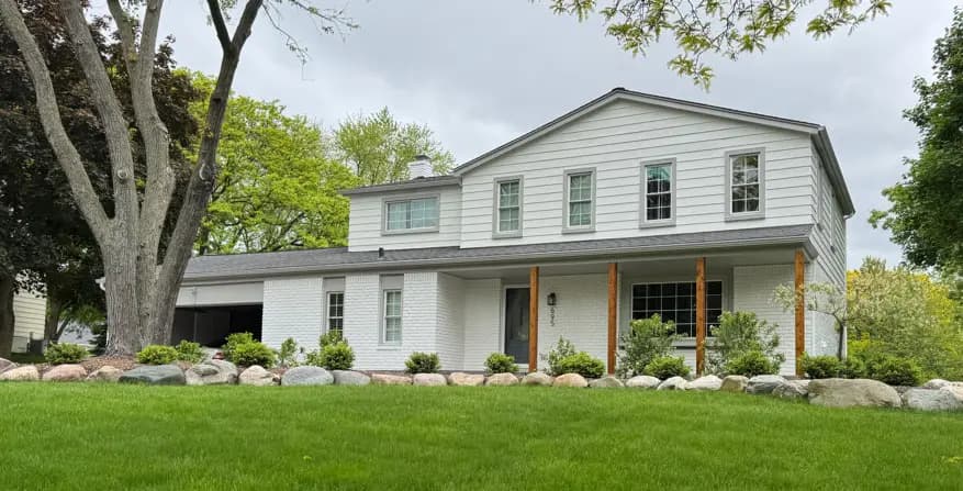Exterior painting project at 695 Lake Forest Road, Rochester Hills — Oxford White - Benjamin Moore